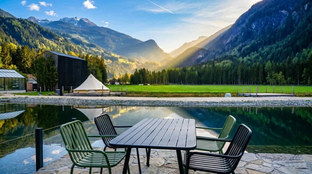 Riflesso delle vette della Valle Aurina nel laghetto naturale del Såndgøld Alpine Glamping a Campo Tures.